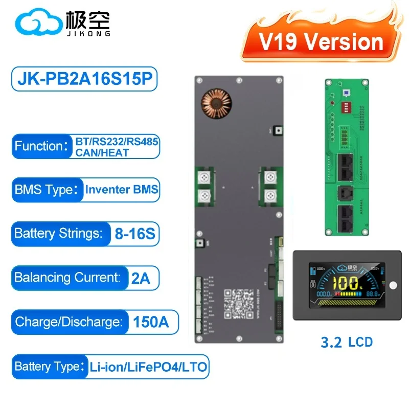 JK BMS V19 Bms 16s 51.2v Lifepo4 100A 200A 300A JK Home Energieopslag BMS Actieve balans 1-2A LiFePo4 Batterij V19 Versie