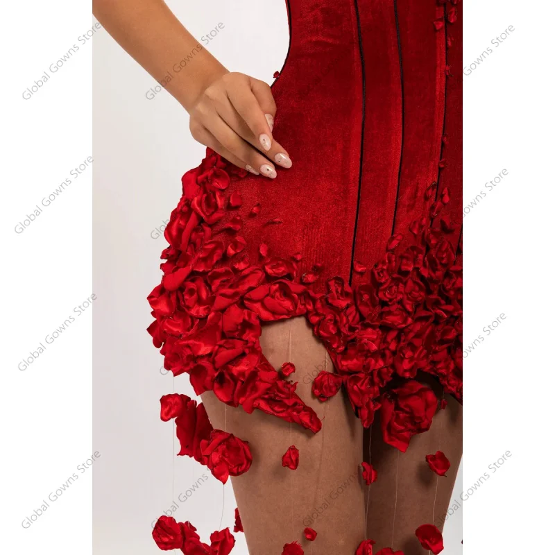 Red Velvet Pretty Petals Floral Short Prom Dresses Mini Wedding Party Dress Handmade Flowers Black Girls Birthday Dress Custom