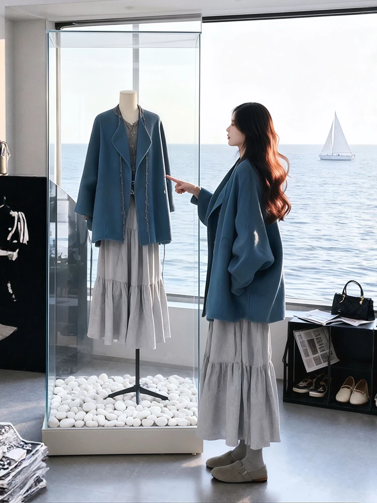 

Синий шерстяной комплект: пальто и юбка больших размеров, зимний модный костюм из двух предметов, повседневный комплект с юбкой с высокой талией, подчеркивающий фигуру, для больших размеров.