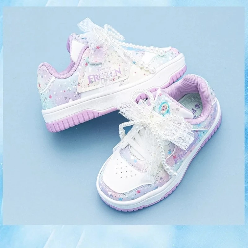 

2025 Disney Elsa Girls Shoes, Waterproof Leather Platform Sneakers with Pearl Bow for Kids