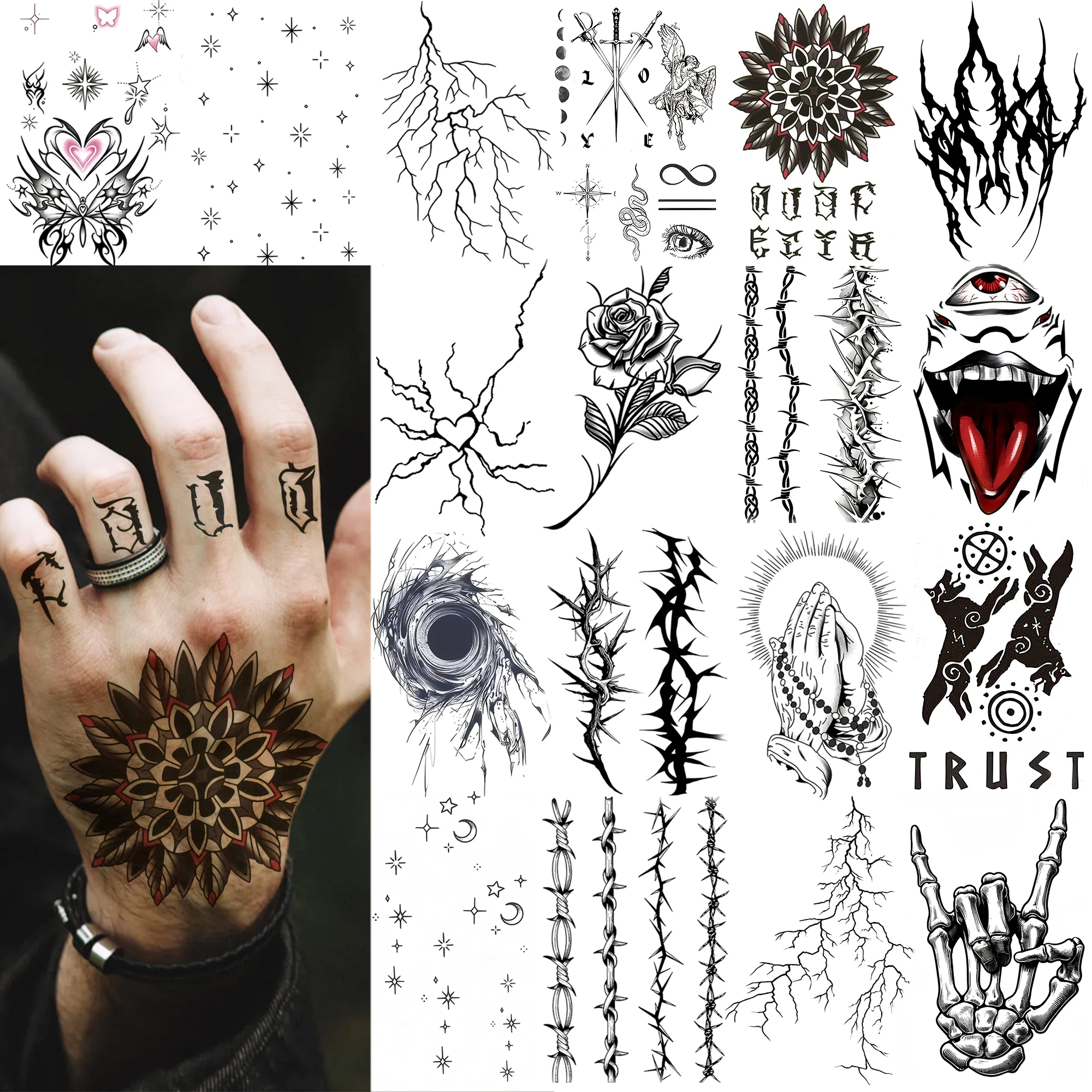 

1 Sheet Halloween Skeleton Lightning Thorns Temporary Tattoos For Adult Hand Neck, Fake Tattoo Sticker Realistic Tatoo Last Long