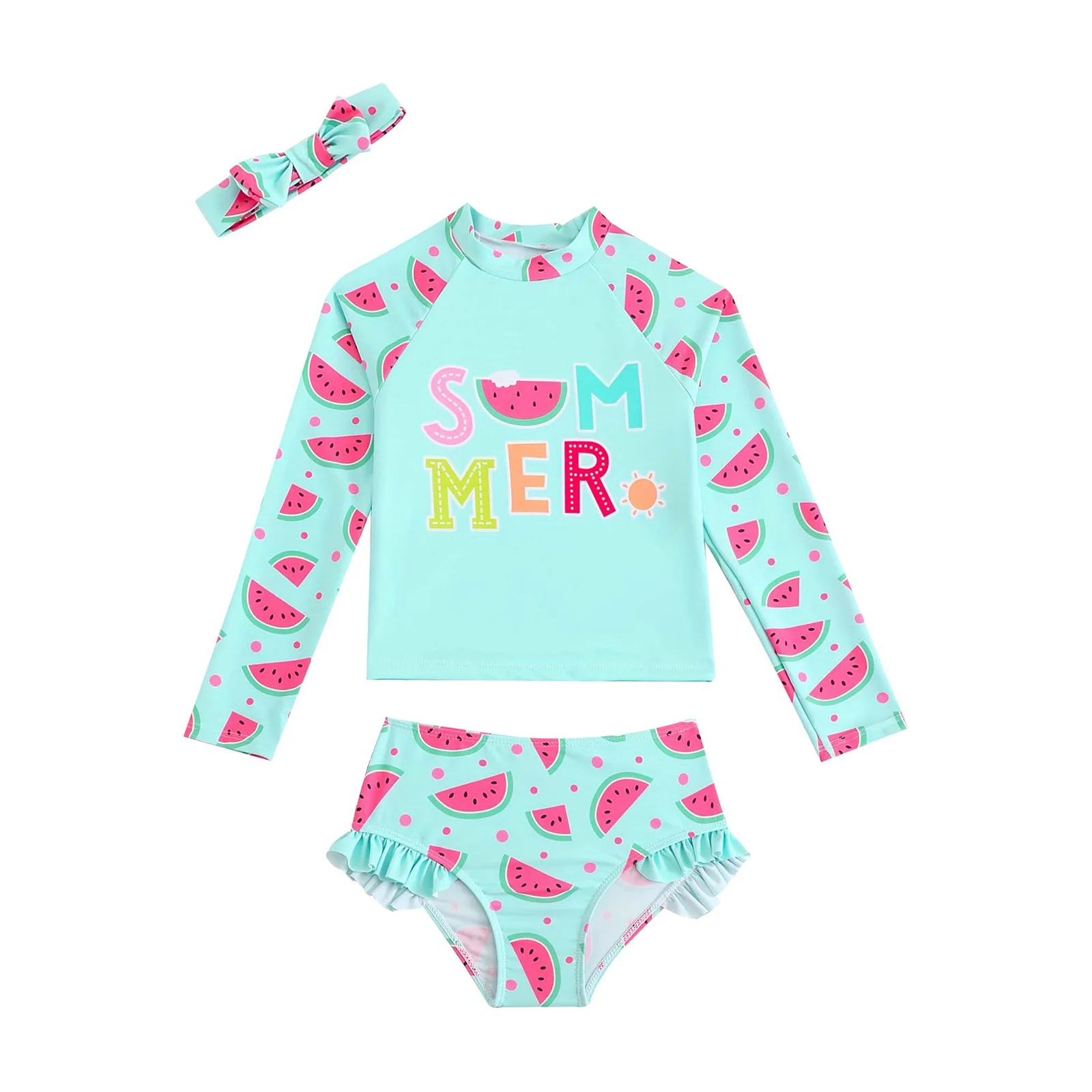 

Kids Girls 3-Piece Swimsuit Watermelon/Fish Scale Printed Rash Guard Set Long Sleeve Top with Ruffled Trim Briefs and Headband