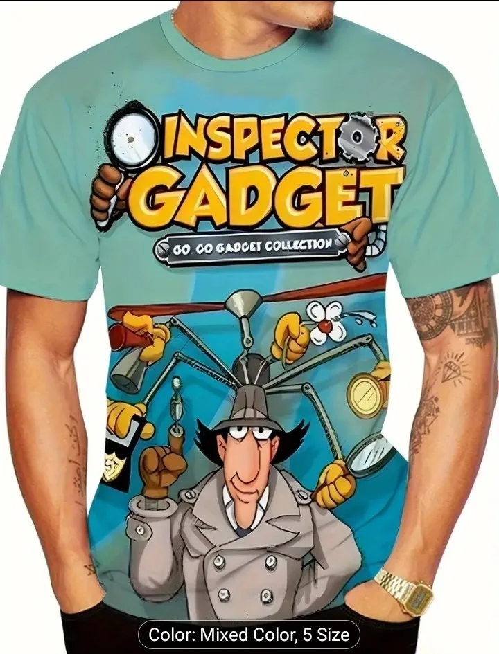 تي شيرت رجالي بطباعة ثلاثية الأبعاد من Inspector Gadget Retro من البوليستر كاجوال برقبة دائرية S-2XL
