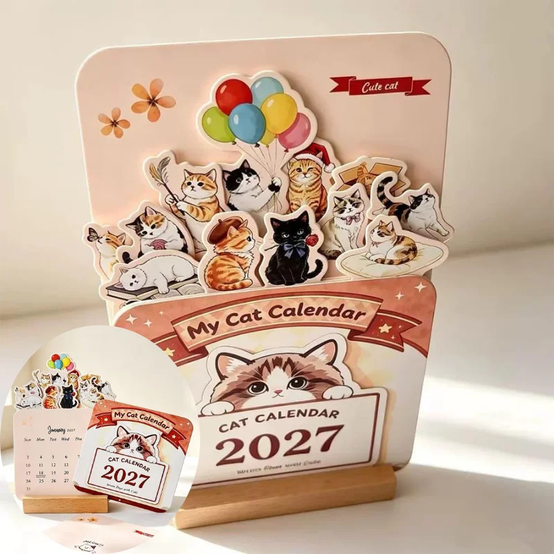 2027 3D Cat Desk Calendar Wooden Stand Flip Monthly Planner Cute Cat Pattern Desktop Ornament for Gift New Year's supplies