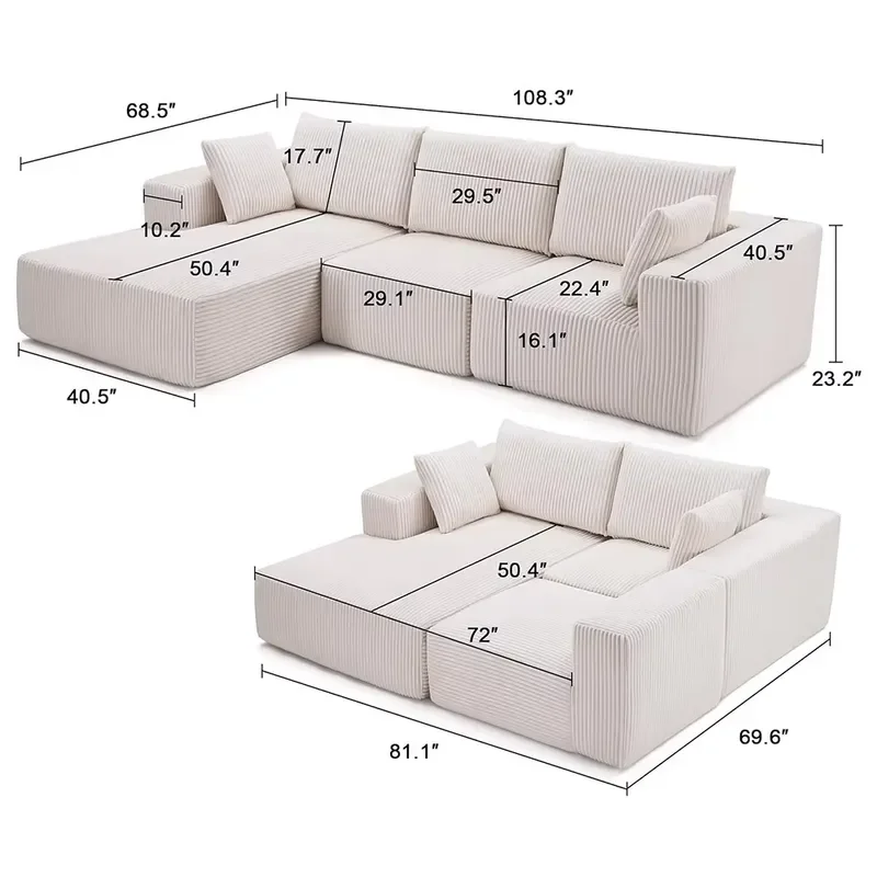 L-Shaped Chaise Sofa - Vacuum Compression Corduroy Fabric Modular Couch for Large Living Spaces