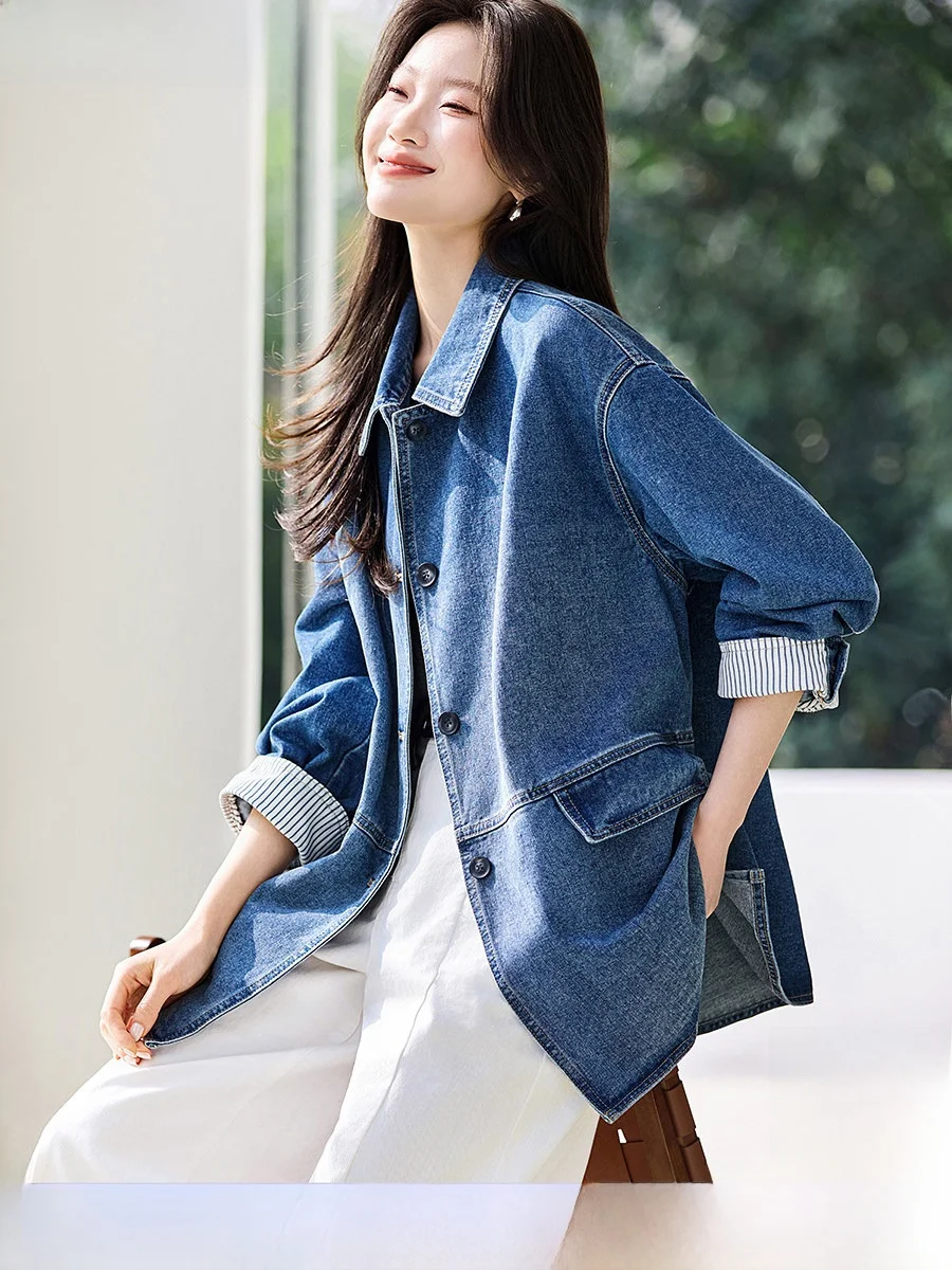 

Свободная джинсовая куртка оверсайз для женщин, весенняя новинка, в стиле колор-блок, из смесового хлопка и полиэстера, для повседневной носки, верхняя одежда