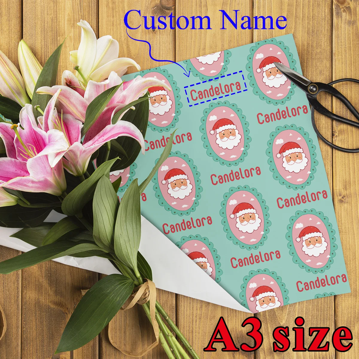 3pcs Custom Name Santa Claus Wrapping Paper,Green Xmas Theme Decorative Craft Sheets For Gift Box Packaging,For Party Diy Decor