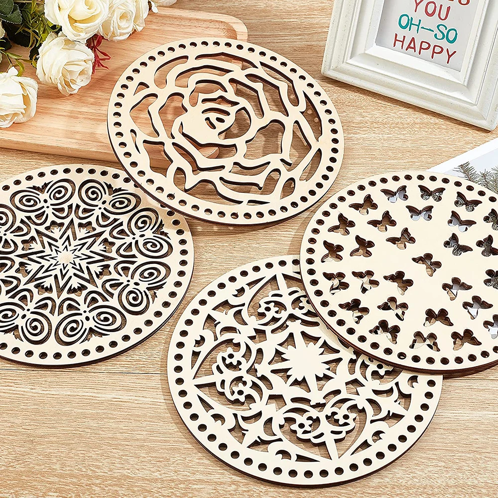 2pc 5.4 Inch Natural Wooden Basket Bottom Snowflake Butterfly Circle Blank Hollow Crochet Basket for DIY Knitting Bag