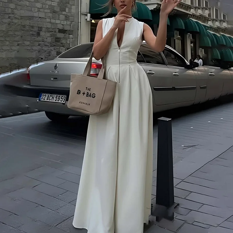 

Elegant Sleeveless V Neck Jumpsuit Women's High Waist Zipper Front Wide Leg Office Work Formal Jumpsuit