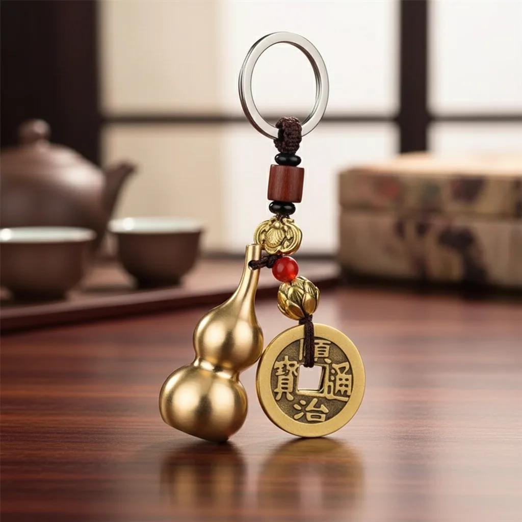 Brass Gourd Keychain Feng Shui Lucky Pendant Vintage Jewelry Accessories for Good Fortune