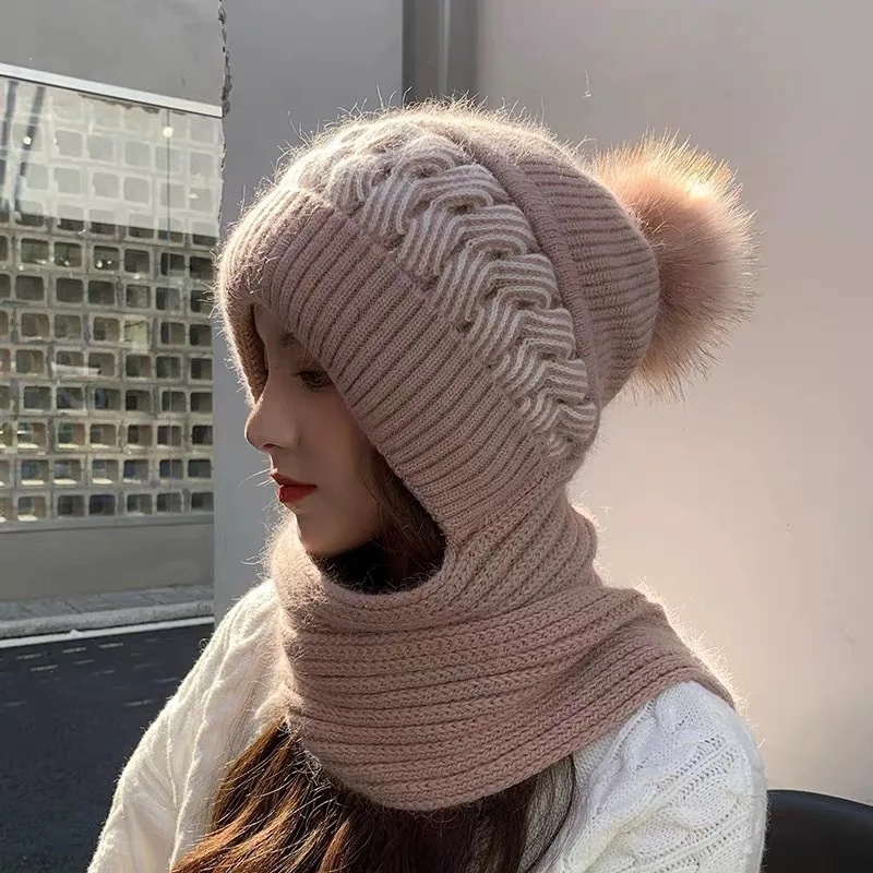 Winter Fur Cap Mask Set Hooded for Women Knitted Cashmere Neck Warm Balaclava Ski Windproof Hat Thick Plush Fluffy Beanies hood