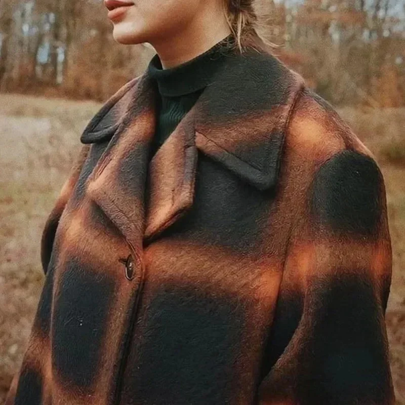 Abrigos a cuadros de manga larga con cuello en V para mujer, abrigo Vintage de una sola botonadura, abrigo elegante para mujer, abrigo suelto cálido a la moda, Otoño e Invierno