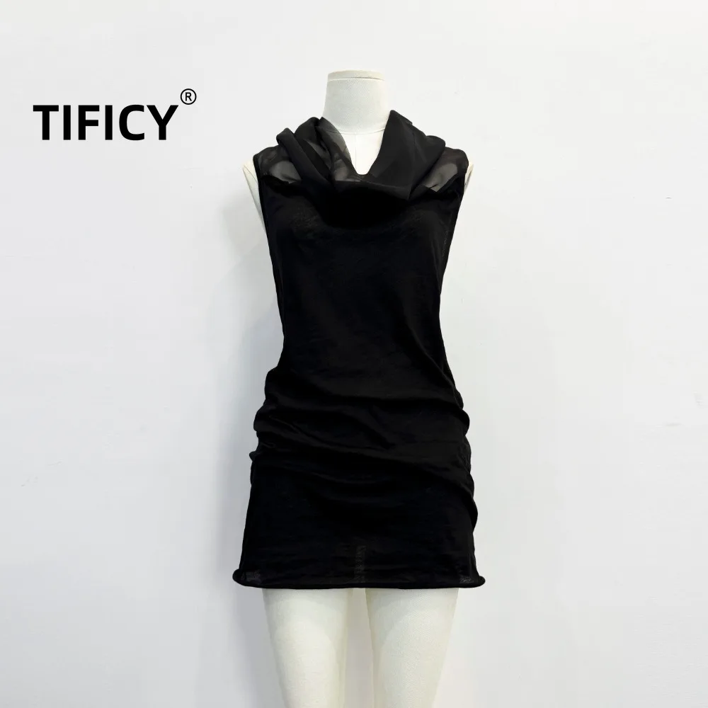 High Street RO Tank Women's Summer New Black Hanging Neck and Swinging Collar Daily Casual Temperament Tanks Top