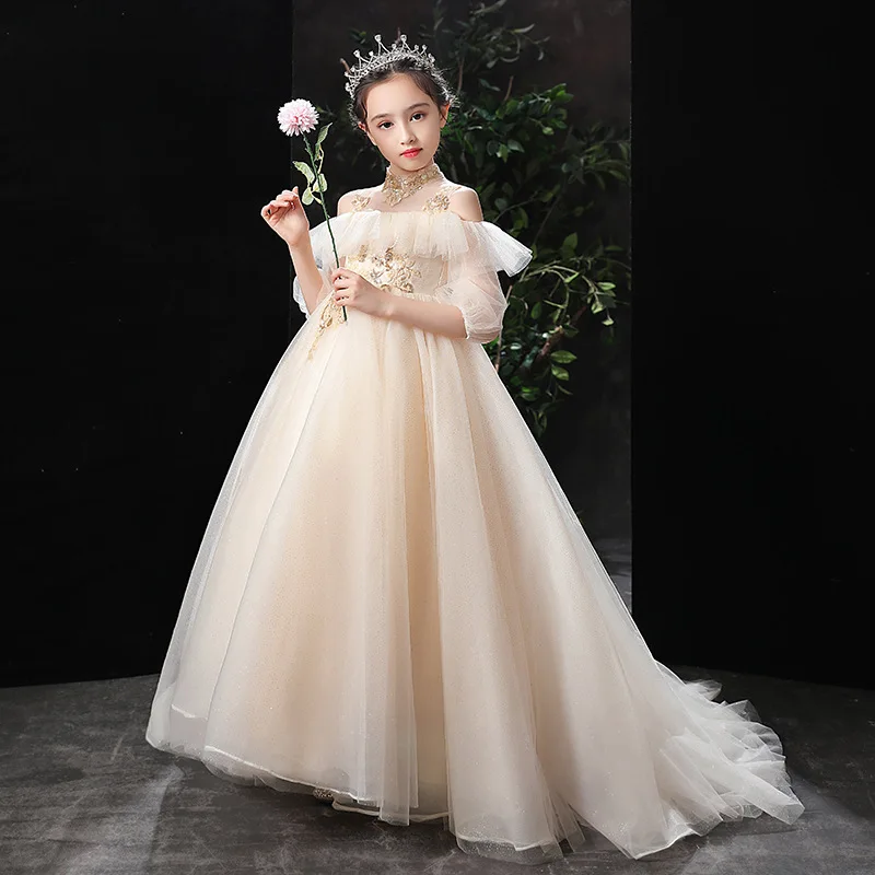 

Champagne Flower Girl Dresses For Weddings Appliques Trailing Tulle Pageant Dress Kids Party Wedding Costume Birthday Vestidos