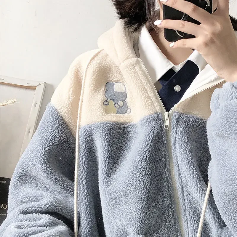 Japanese Kawaii Loose Zip Up Hooded Soft Girl Harajuku Jacket Outwear Women Hooded Cute Sweatshirt Lamb Wool Coat Pocket Hoodies