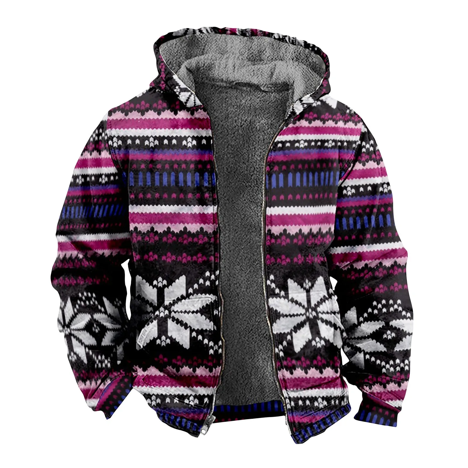 

Men'S Winter Quilted Jacket Casual Ethnic Style Design Printed Striped Hooded Jacket Plus Velvet Thickening For Daily Warmth