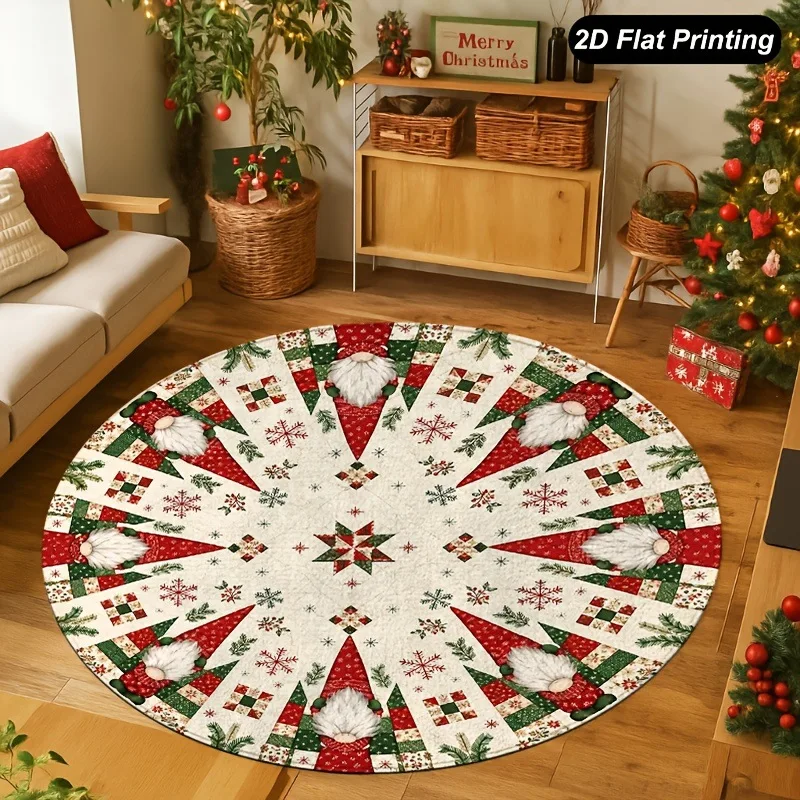 VIKAMA Christmas Gnome Border Rug, Dirt Resistant & Non Slip, for Living Room Bedroom Kids Holiday Round Rug, Home Decor