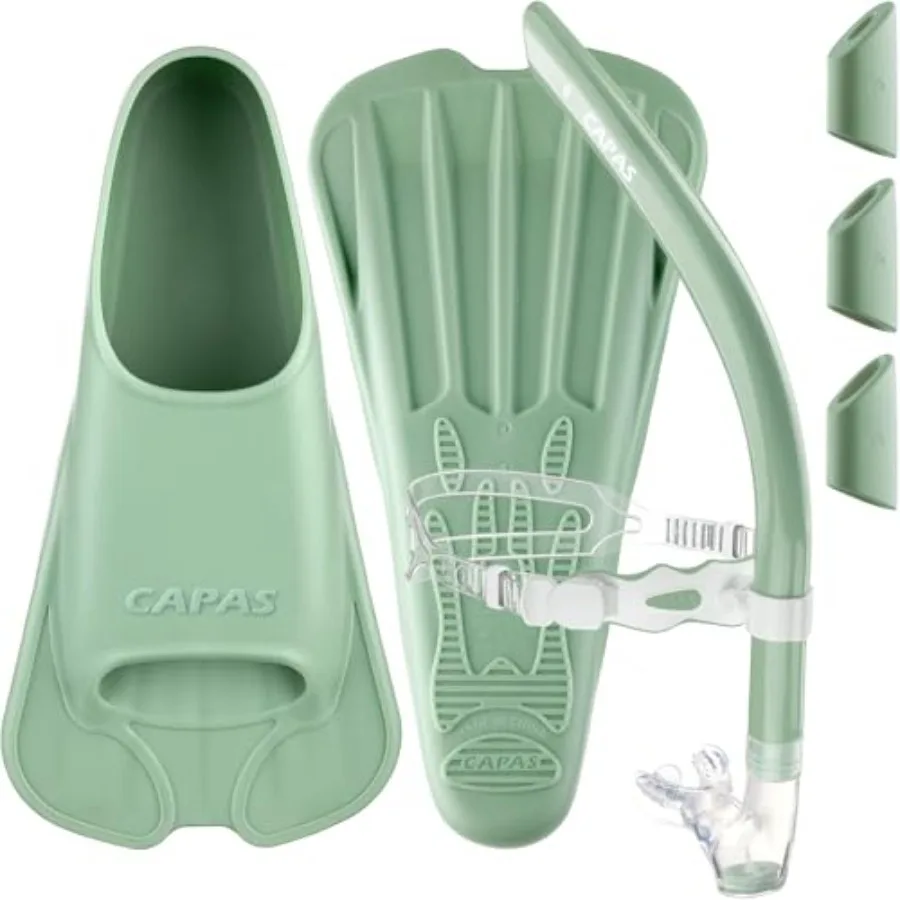 

Lap swimming training fins and snorkel set, green, medium size US male 7.58.5/ US female 8.59.5,lightweight durable silicone fo