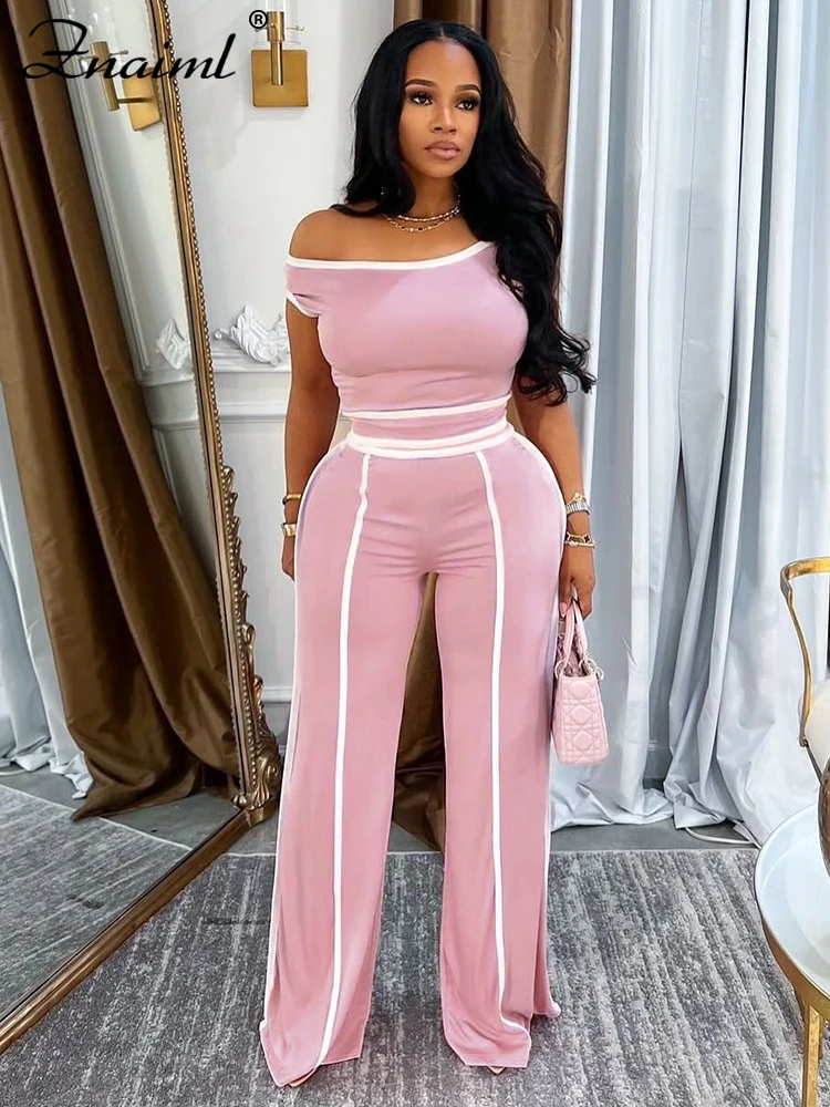 Znaiml Casual Solid Color Wide Legs Pnats Set for Women Diagonal Shoulders T-Shirt Crop Tops and Trousers Two Pieces Suit Outfit