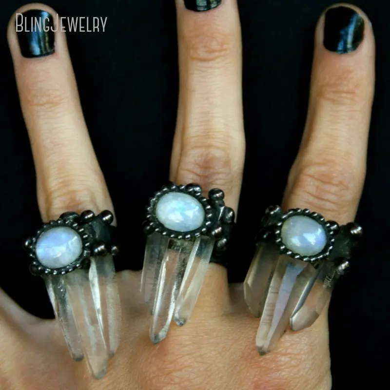 10pcs Witchdraft Quartz Trinity Crystal Rainbow Moonstone Statement Ring Goth Witch Wicca Boho Halloween Steampunk Emo Jewelry