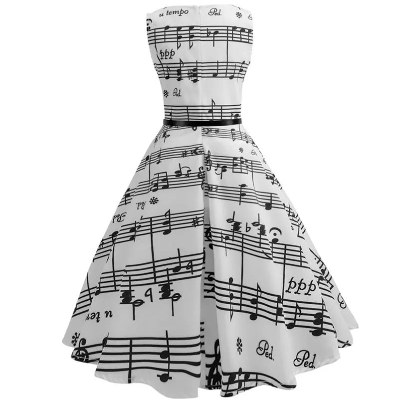 Women Summer Music Note Print Dress Robe Retro Swing Casual Vintage Sleeveless O-Neck Midi Dresses Vestidos