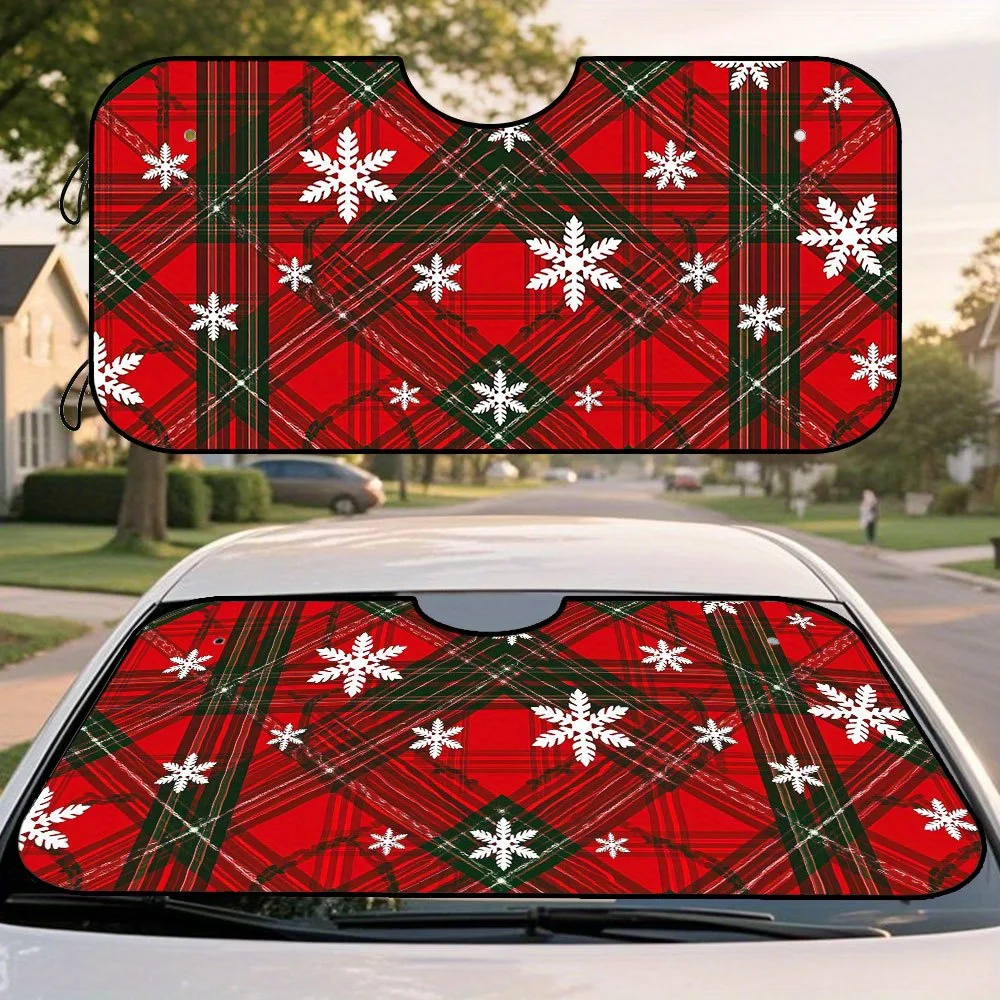 1pc, Foldable Polyester Fiber Christmas Plaid Snowflake Car Sun Visor For Windshield, Compact Design For Easy Use, Perfect For L
