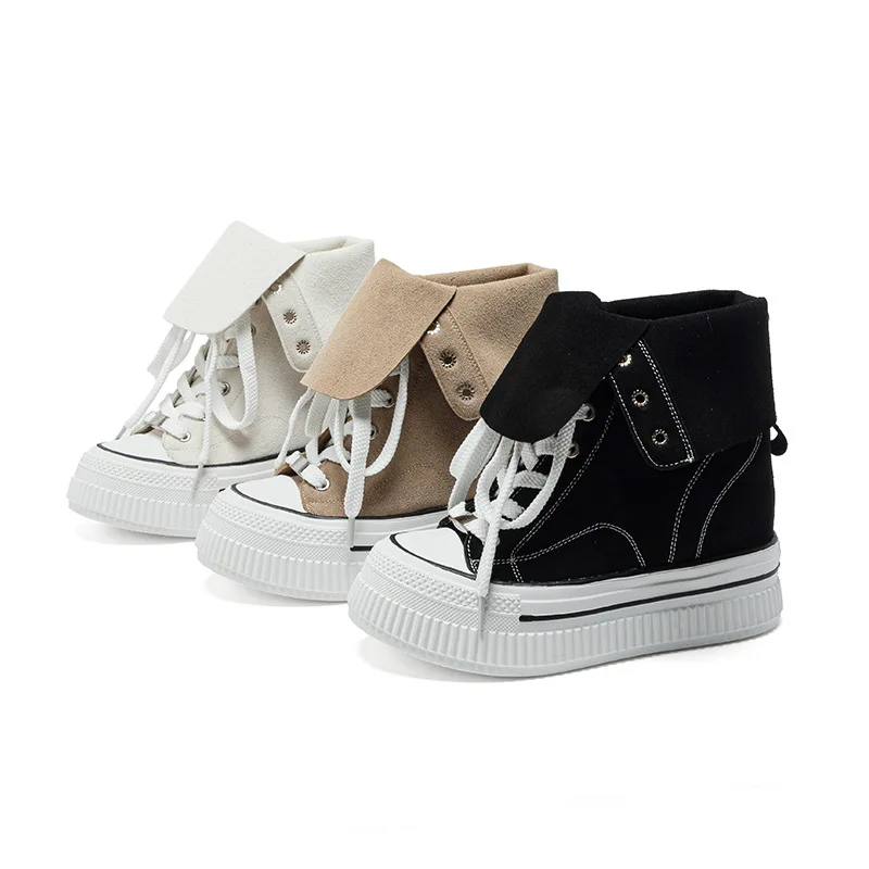 13cm New Thick Bottom High Top Sneakers Women's Spring Autumn Black Comfortable Anti-Slip Lightweight Rubber Sole Shoes Boots