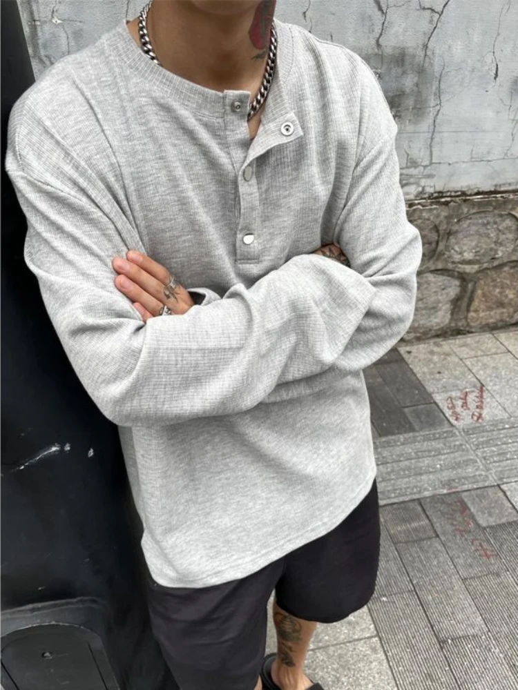 Büyük boy Unicolor T shirt erkekler için Baggy kazak düz boy erkek giysileri uzun kollu üstleri Polyester esneklik japonya Y2k