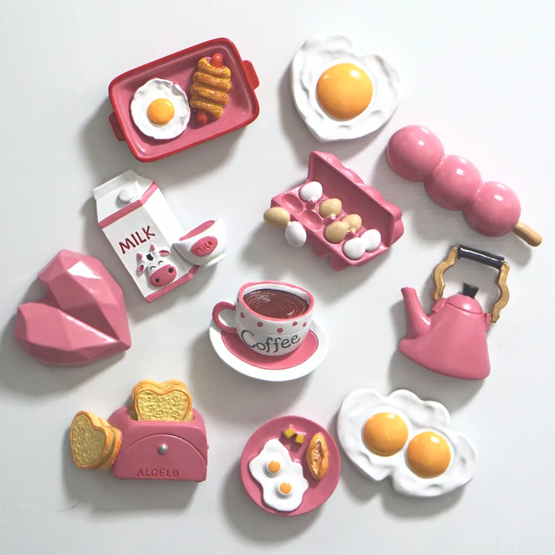 3D Simulation Food Style Fridge Magnets  Pink Heart Egg Croissant Magnetic Decoration Stickers For Refrigerator