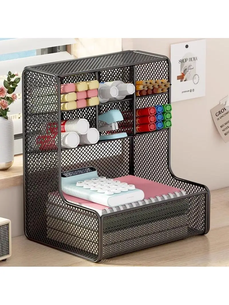 desktop-organizer-rack-office-supplies-storage-pen-holder-slanted-insert-style-stationery-storage-shelf-carbon-steel-material