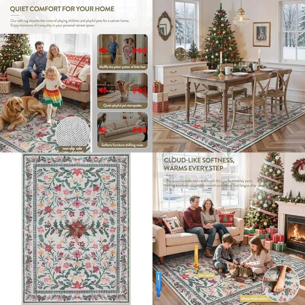 

Washable 5x7 Red Floral Holly Christmas Rug, Ultra-Thin for Living Room, Kids' Room, and Dining Area