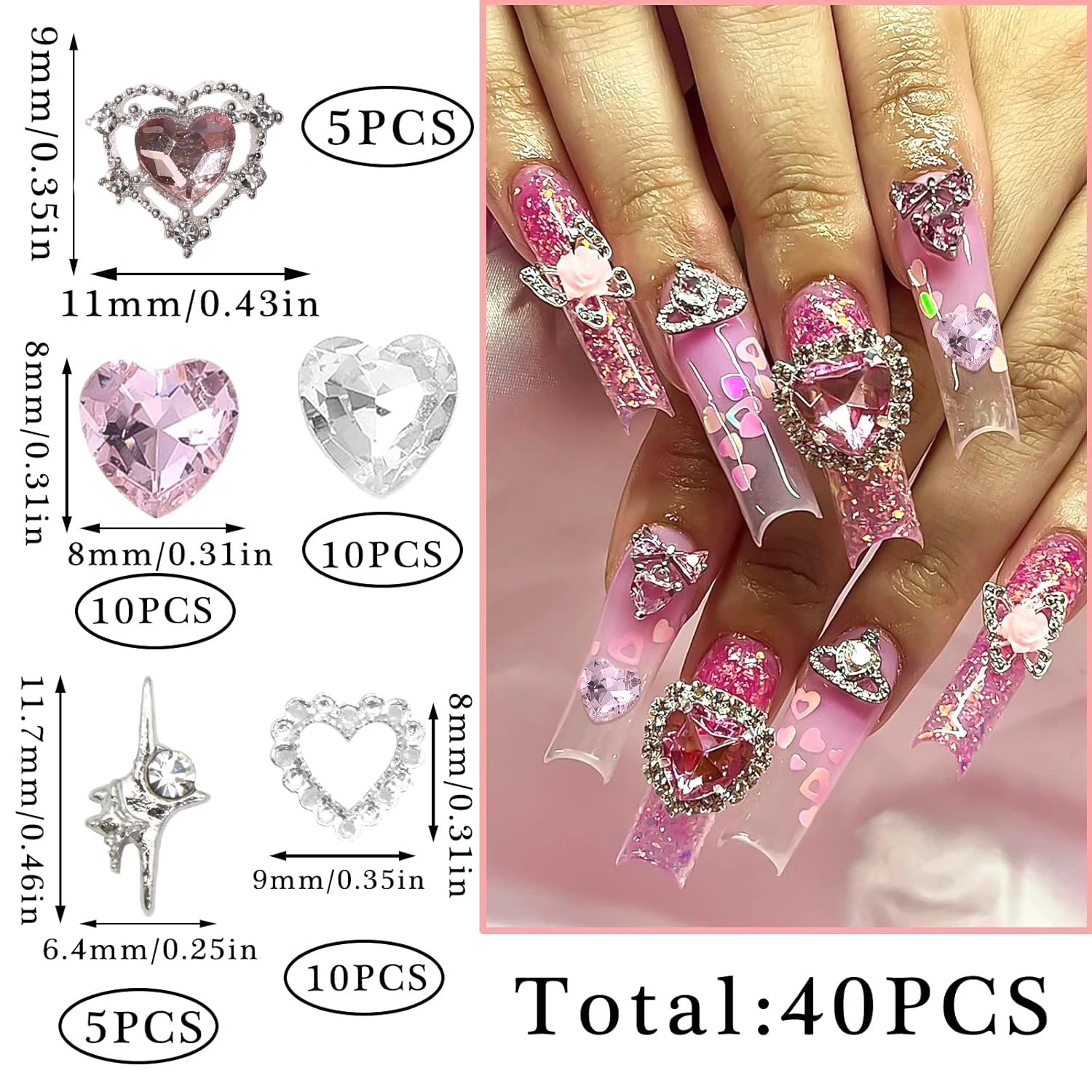 40PCS Pink Nail Charms 3D Heart Charms Valentine's Day Silver Starlight Nail Decorations Shiny Nail Gems Rhinestone Multi Style