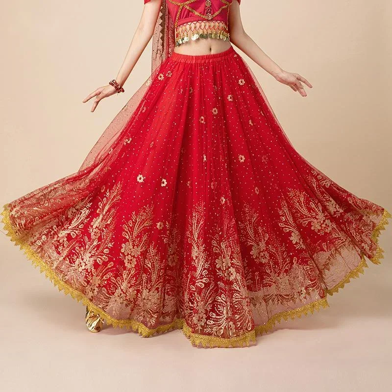 Costumes de danse du ventre du moindre contreplaqué pour femmes, grande jupe balançoire, tenue de performance de groupe de danse indienne, vêtements financiers pour adultes