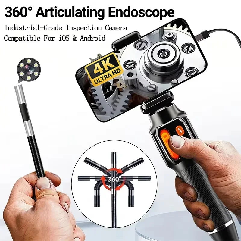 4K 360 Degree Rotation Endoscope Camera 6mm Lens HD Articulated Inspection Borescope Camera IP67 for Automotive Car IOS Android