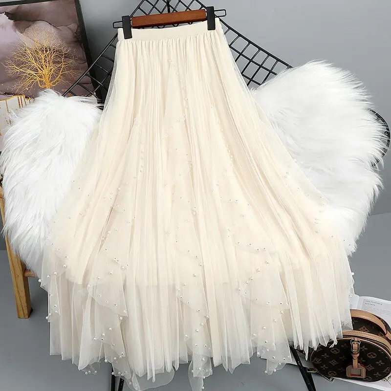 Chamliforve Women Tulle Mesh Skirt Elegant Elastic Waist Fairy Long A-line Tutu Skirt for Spring Summer High Waist Long Skirt