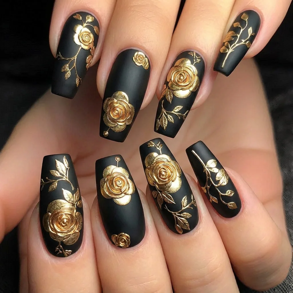 3D fake nails for women girls golden silver gilding rose flowers for Valentine's Day ballet almond tips press on false nail art