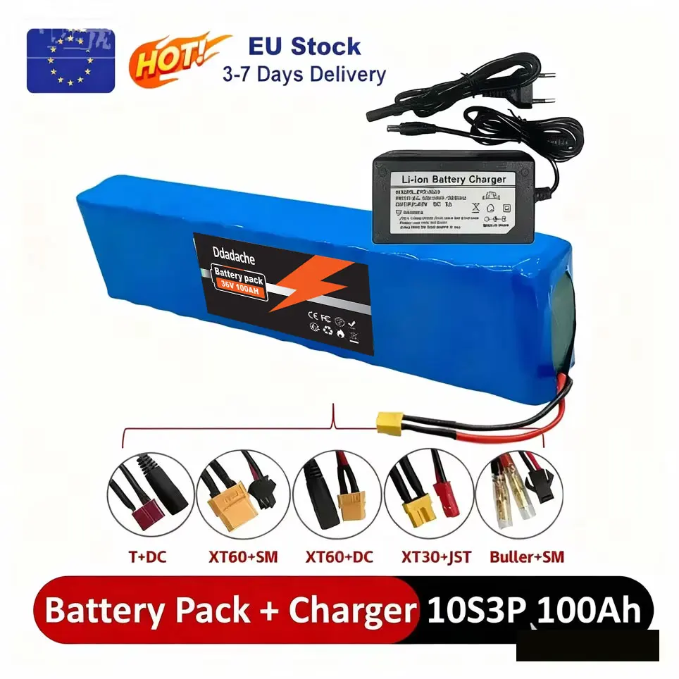 Batterie au lithium rechargeable 36V 100Ah 18650, 10S3P, 1000W, pour vélo, scooter, véhicule électrique, avec BMS + chargeur