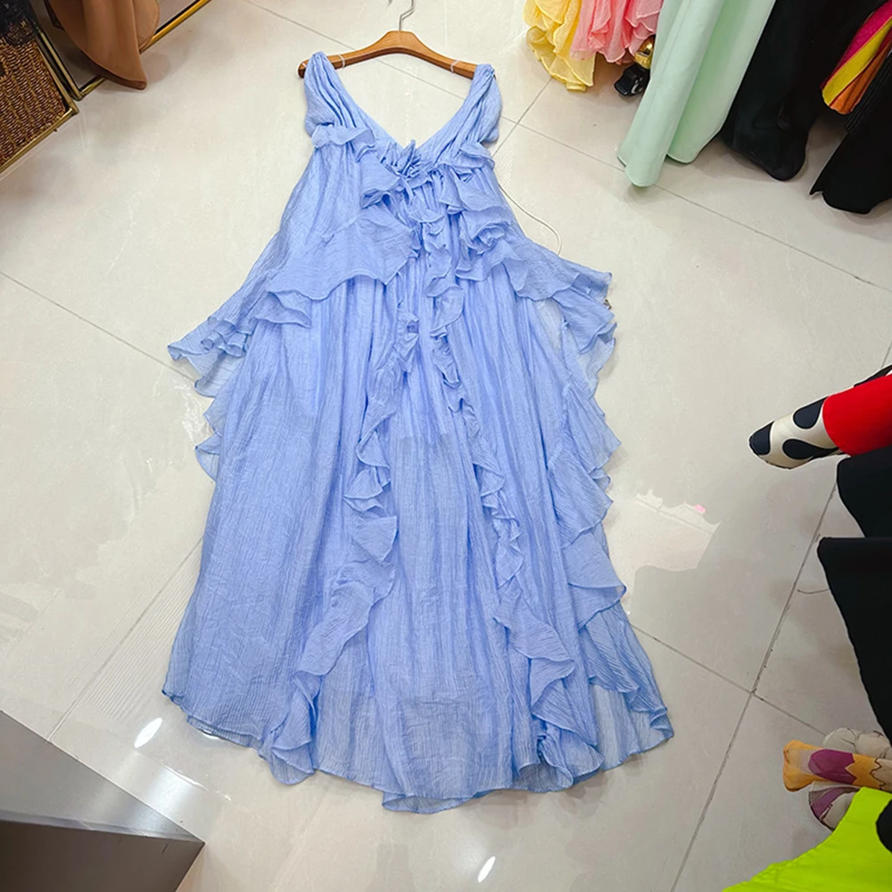 TWOTWINSTYLE شاطئ نمط فساتين ضئيلة عادية للنساء الخامس الرقبة أكمام عالية الخصر الحلو فستان طويل أنثى موضة KDR538033 #2