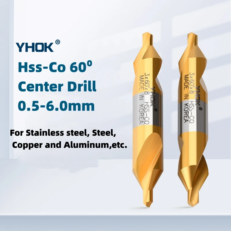 1PCS Korea YHOK Cobalt HSS-CO  60° Center Drill TIN-Coating 0.5mm-6.0mm Drill Bit