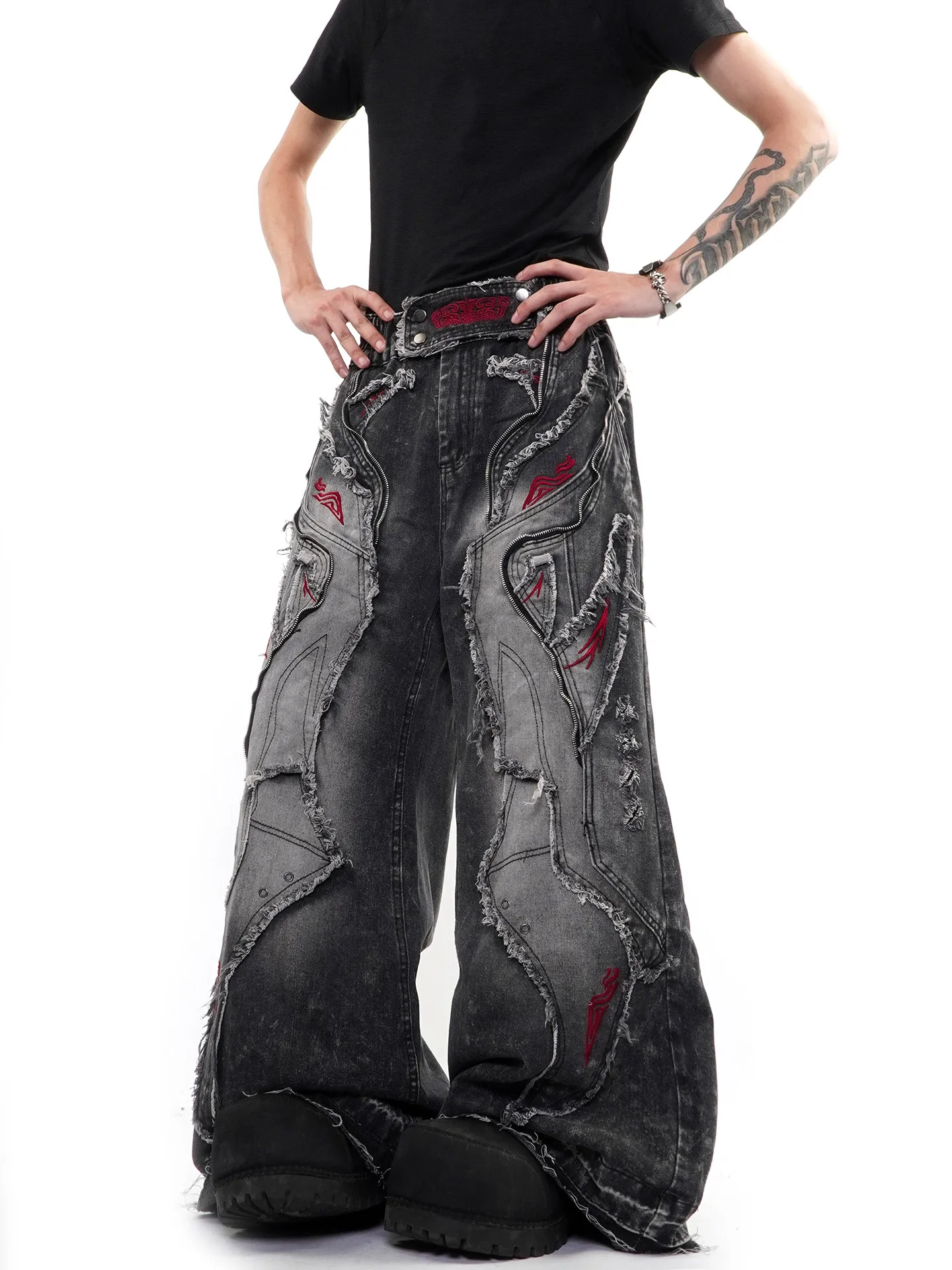 Street Punk Subculture Heavy Duty Patchwork Embroidered Frayed Jeans Men's  Wide Leg Vintage Long Trousers