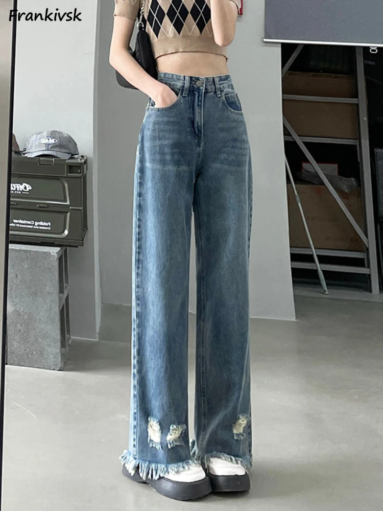 

Wide Leg Jeans Women Raw Edge Frayed Comfortable Japanese Style Chic Mopping Trousers Popular Schoolgirl Daily Simple Stretchy