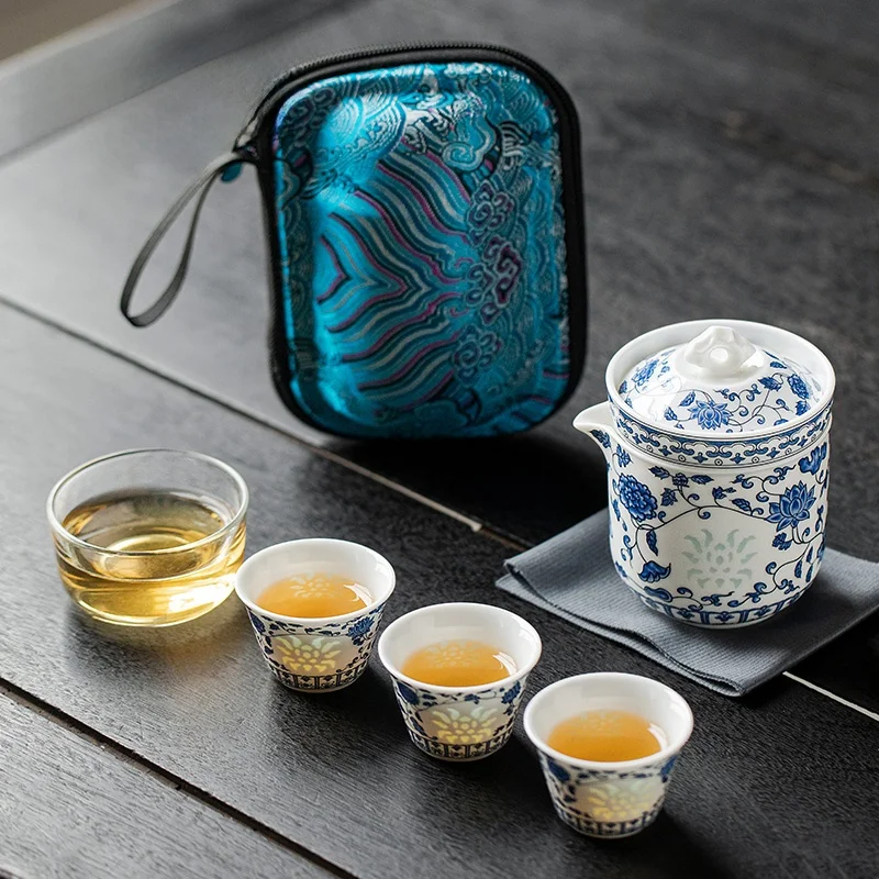 

Portable Travel Tea Set Qinghua Linglong Porcelain Gongfu Tea Brewing Fast Guest Cup Office Single Person Drinking Tool