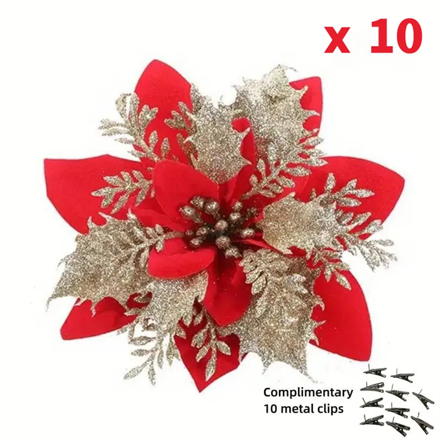 10 Stück 14cm Glitzer-Weihnachtssterne Künstliche Blumen mit Clips DIY Weihnachtsbaum-Ornamente Kranz Kamin-Dekorationen – Detail 10