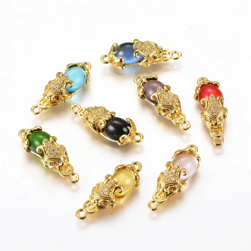 

20pcs Pi Xiu Lucky Link Charms Mixed Color Glass Cubic Zirconia Cabochon Connector for Bracelet Necklace Jewelry Making 27x9x7mm