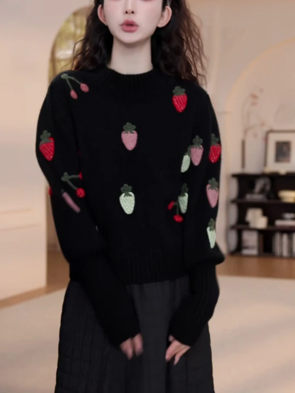 

plus Size Women's Black Fruit Embroidered Sweater Spring New Loose Slim round Neck Long Sleeve Knitted Wear Casual Outerwear