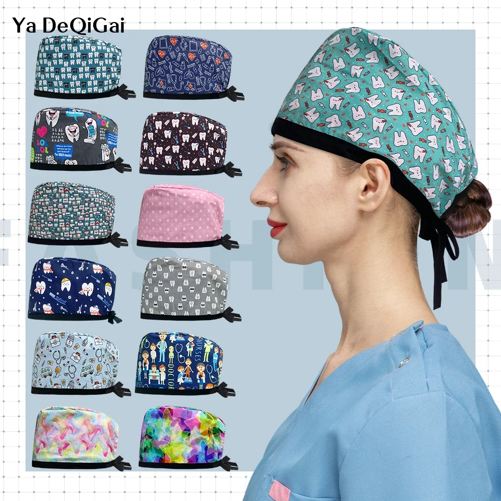 Cartoon Print Scrub Cap para Senhoras, 100% Algodão, Flor, Dentista, Pet Clinic, Enfermeira, Laboratório, Esteticista Acessórios