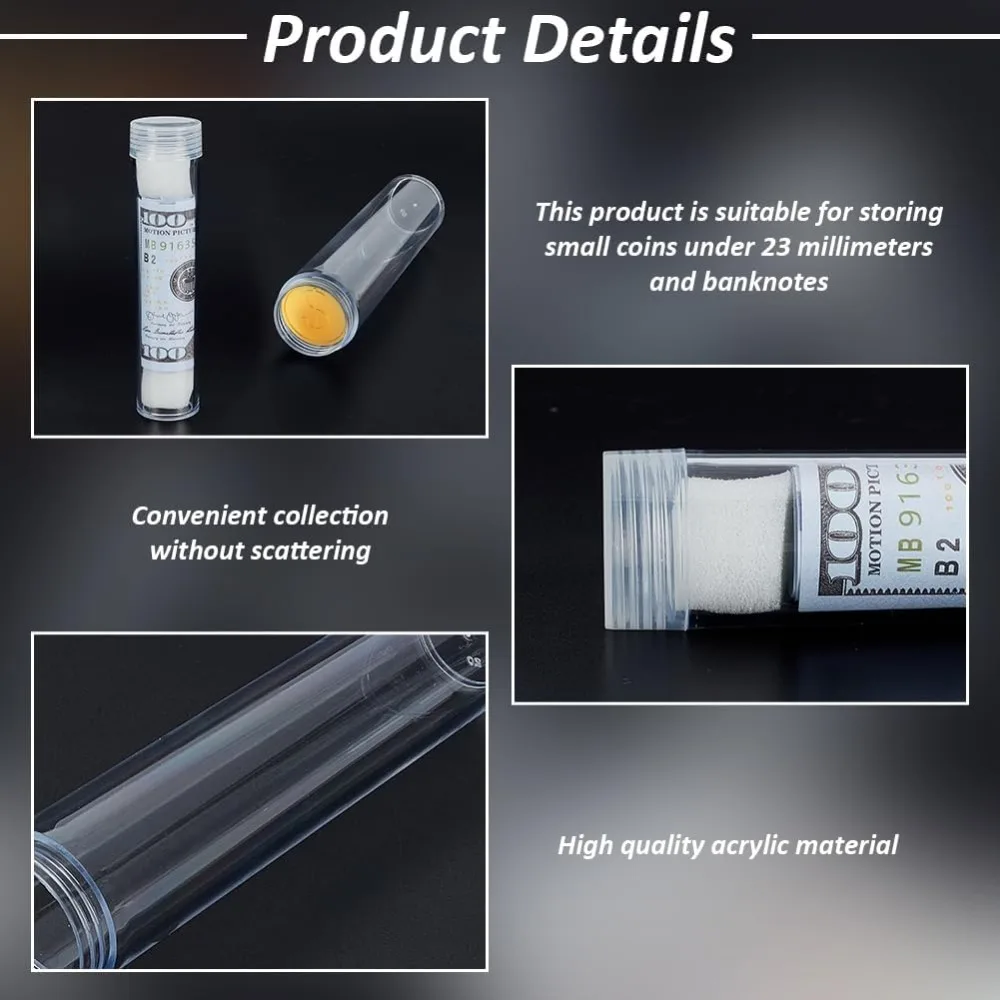 10 PCS Round Clear Coin Storage Tube 0.9inch Inner Diameter Plastic Coin & Paper Money Tube with Screw on Lid Coin Holders view 4