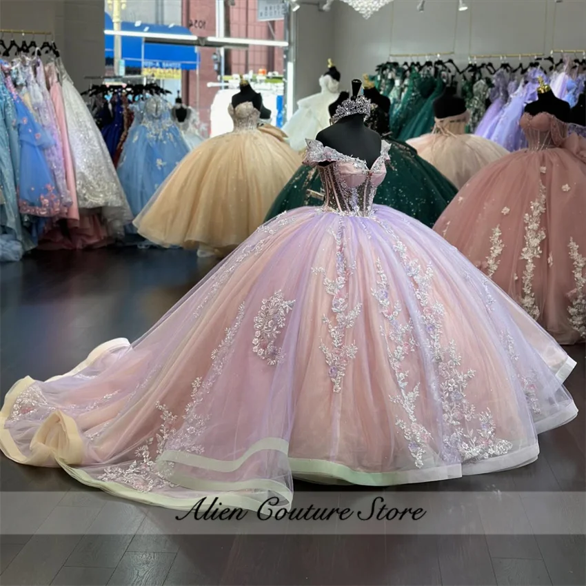 

Glitter Sweet Quinceanera Dresses Ball Gown Beads Appliques Crystal Tull Sweet 16 Dresses Customized 16 Vestidos De XV 15 Anos
