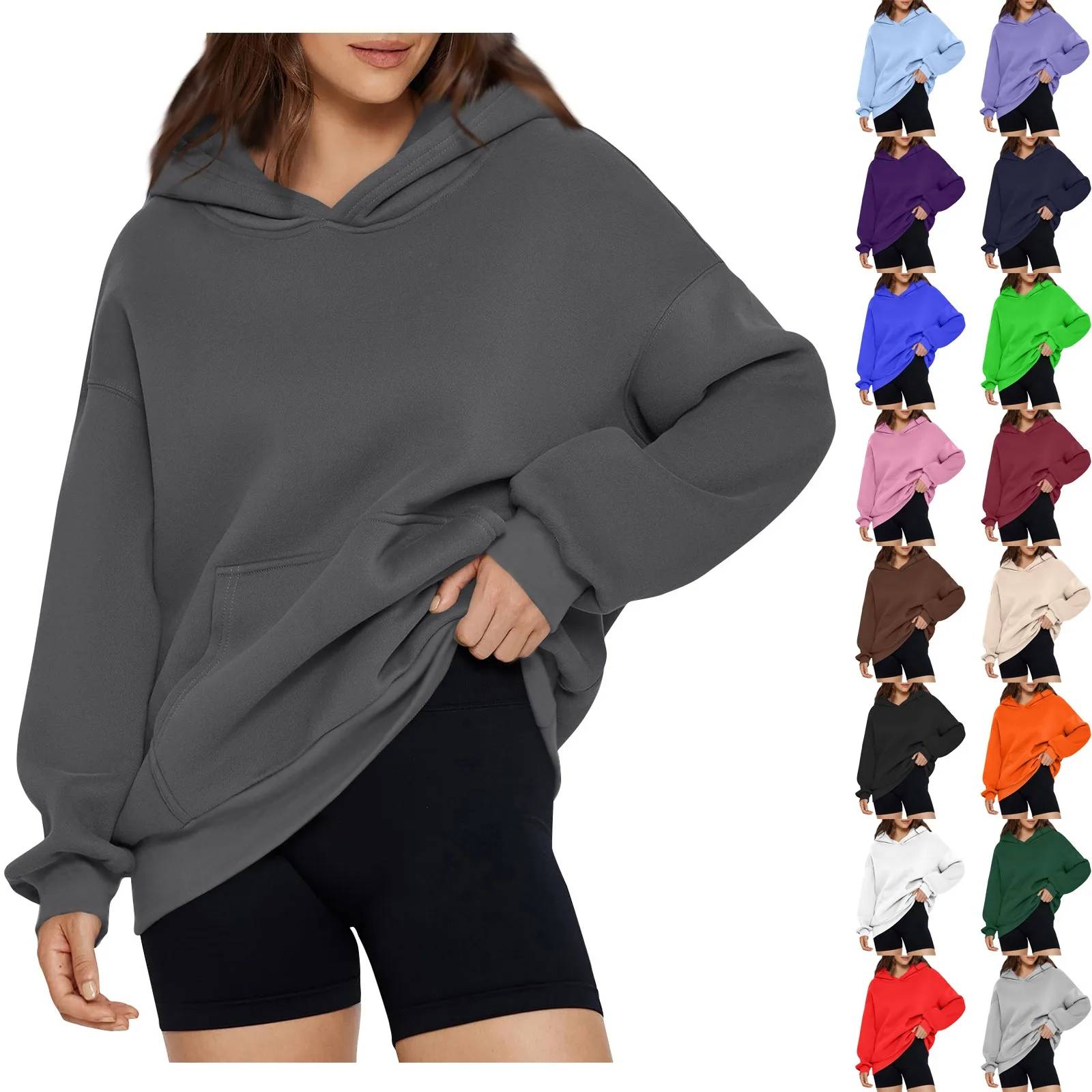 Solid Color Fleece Hoodies Women Long Sleeve Sweaters Loose Casual Hoodie Round Neck Sweatshirts Bottom Shirts Pullovers New