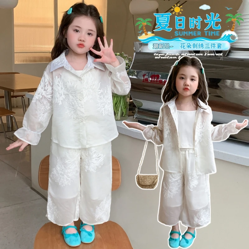 Little Girls Floral Embroidery Sheer Organza Sun Protection 3Pcs Set Summer Breathable Cami Wide Leg Pants Beach Vacation Kids S